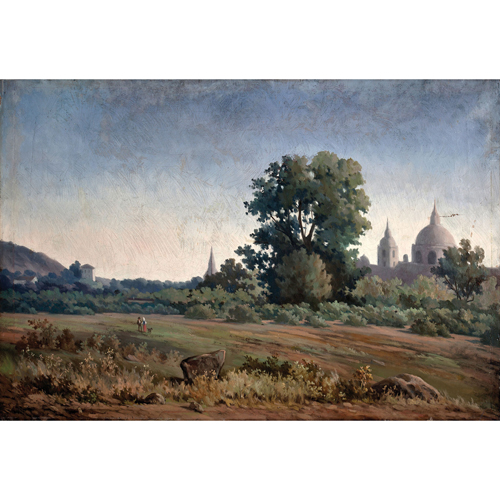 Sub.:5 - Lote: 42 - ESCUELA ESPAÑOLA, S.XX Paisaje con campesinos e iglesia