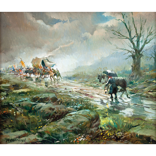 Sub.:5 - Lote: 47 - ESCUELA ESPAÑOLA, S. XX Paisaje con carruaje
