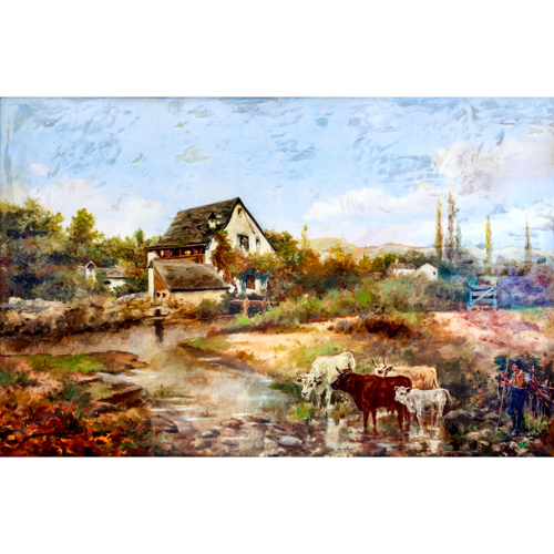 Sub.:5 - Lote: 34 - ESCUELA ESPAÑOLA s. XX Paisaje con casas y ganado.
