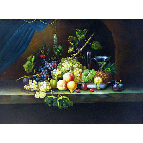 Sub.:6 - Lote: 51 - ESCUELA ESPAÑOLA, S. XX Bodegón con uvas y melocotones sobre una repisa con cortina azul