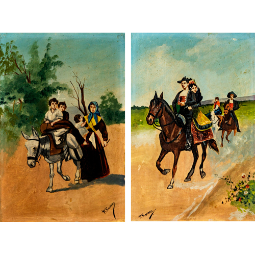 Sub.:6 - Lote: 38 - Personajes a caballo y niños en un burro