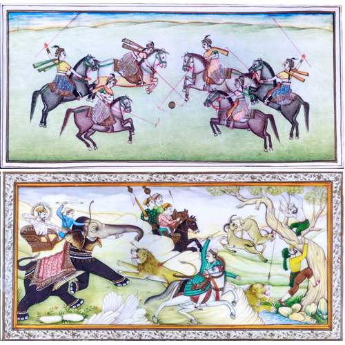 Sub.:6 - Lote: 155 - Pareja de miniaturas hindúes: representan la caza del león y una partida de polo.